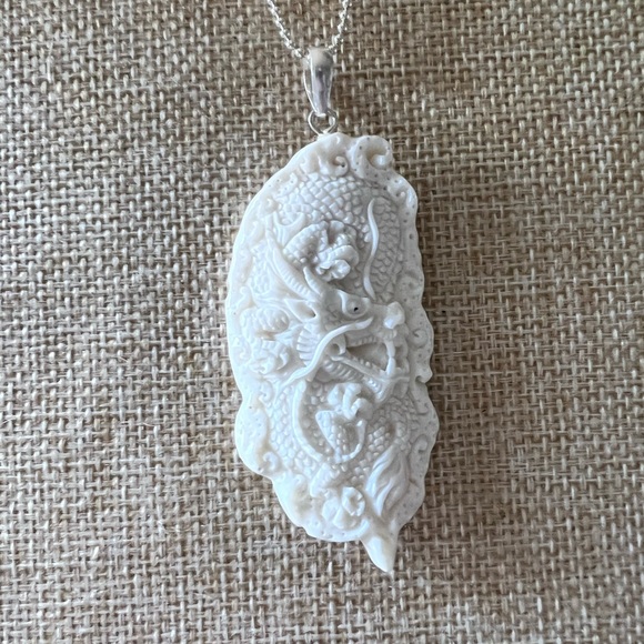 Dragon Bone Carved Pendent  on .925 Sterling Chain 16” Necklace - Picture 4 of 7